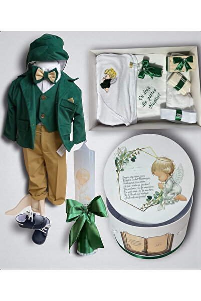 Your Baby Store Set complet botez baiat– Mateo – verde cu ingeras, pantofi ,t...