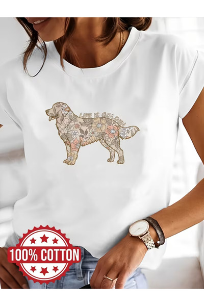LİNA06 Women' Dog Lovers 100% T-Shirt - Casual Short Sleeve Crew Neck Top