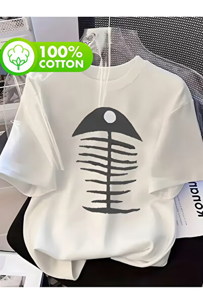 LİNA06 T-Shirt with Fish Bone Graphic, Made of 100%, Short Sleeves And Crew Neck