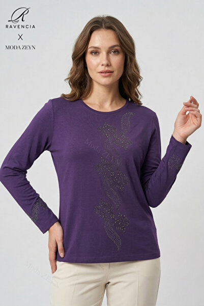 Ravencia Bluză de damă din bumbac pieptănat, cu model frunze în spirală, gule...