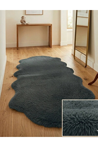 Carpet Dekor Peluş Yumuşak Dekoratif Halı Simetrik Desen Antrasit Rengi