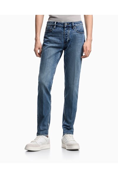 Emporio Armani Men's Slim Fit Micro Patterned Low Waist Denim Navy Blue Jeans...