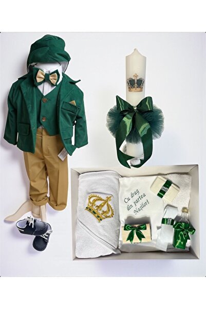 Your Baby Store Set complet botez baiat– Mateo – verde cu coroana, pantofi ,t...