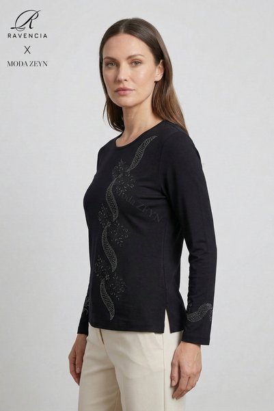 Ravencia Women's Spiral Leaf Patterned Collar and Skirt Stoned Embroidered Slit Lycra Mother Combed Cotton Blouse
