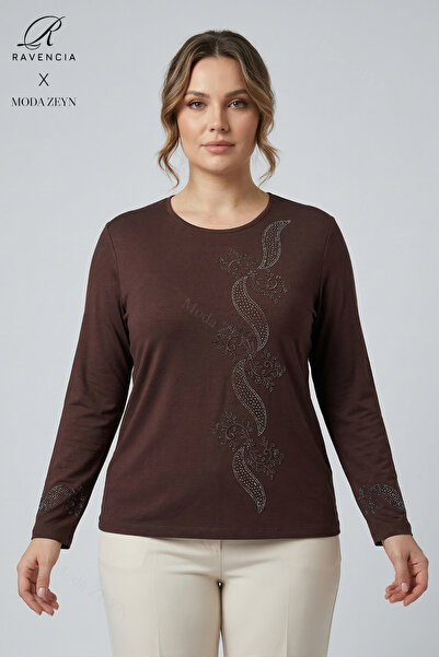 Ravencia Bluză de damă din bumbac pieptănat, cu model frunze în spirală, gule...