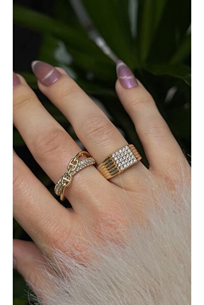 ADENNA JEWELRY 2'li Gold Zirkon Taşlı Yüzük Seti