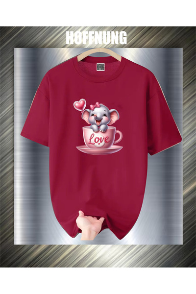HOFFNUNG Unisex Short Sleeve Round Neck Elephant Love Printed Solid Color Tshirt