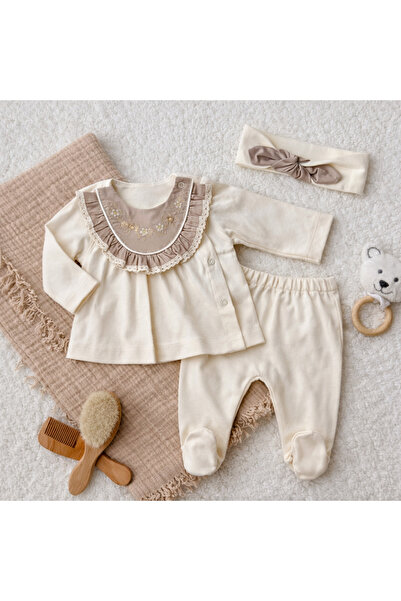 Bebelul Σετ 3 τεμαχίων για βρέφος κορίτσι, 100% βαμβάκι, κρεμ, με κορδέλα μαλ...