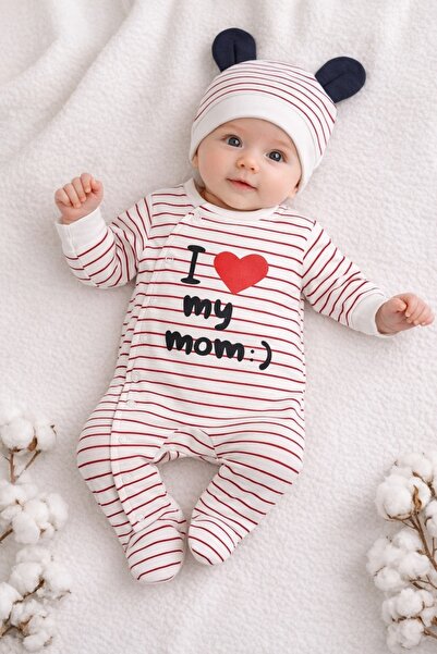 Pure Boutique Baby jumpsuit I love my mom red stripes 2 pieces jumpsuit and hat