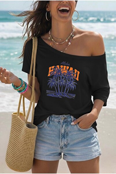 FUFLUNS Γυναικείο μπλουζάκι με λαιμόκοψη καγιέκ, με στάμπα HAWAII ALOHA, σε μ...