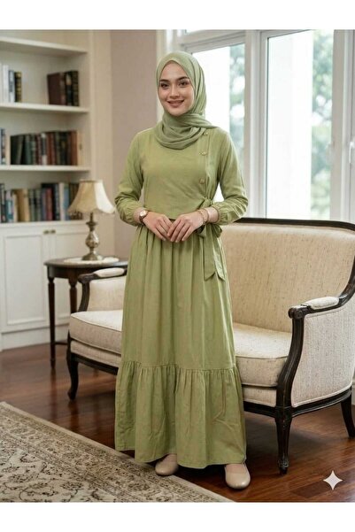 QUAWEAR Crew Neck Modal Fabric Full-Length Dress with Waist Tie and Metal But...