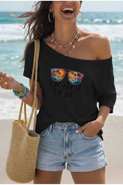 FUFLUNS تي شيرت نسائي كبير الحجم مطبوع عليه VACATION MODE بياقة كاياك