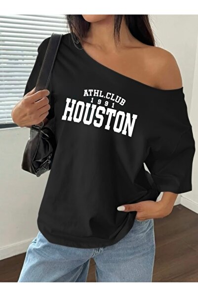 FUFLUNS Γυναικείο μπλουζάκι με στάμπα HOUSTON, oversized, με λαιμόκοψη bateau