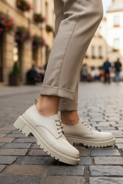 enoch Kadın Bej Bağcıklı Tırtıklı Chunky Tabanlı Maskülen Oxford