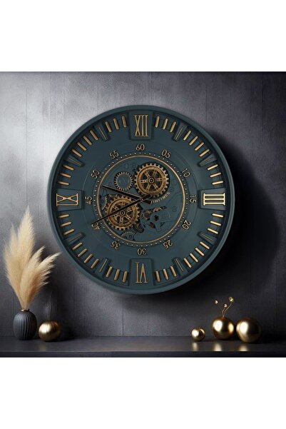 Dekorika Official Tempus Eskitme Altın Detaylı Çarklı Lacivert Duvar Saati