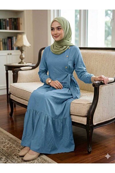 QUAWEAR Crew Neck Modal Fabric Full-Length Dress with Waist Tie and Metal But...