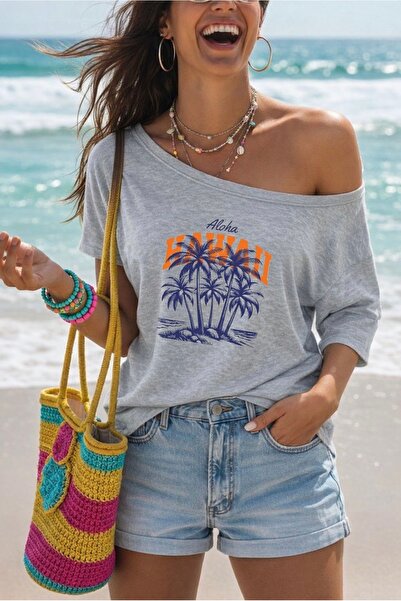 FUFLUNS Γυναικείο μπλουζάκι με λαιμόκοψη καγιέκ, με στάμπα HAWAII ALOHA, σε μ...
