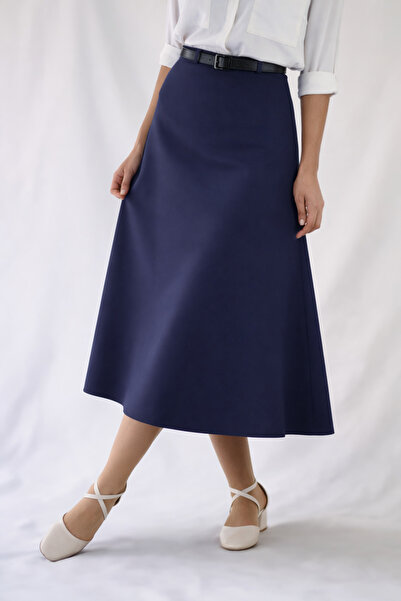 YAXİ Belted Detail Midi Length Loose Navy Blue Woven Skirt