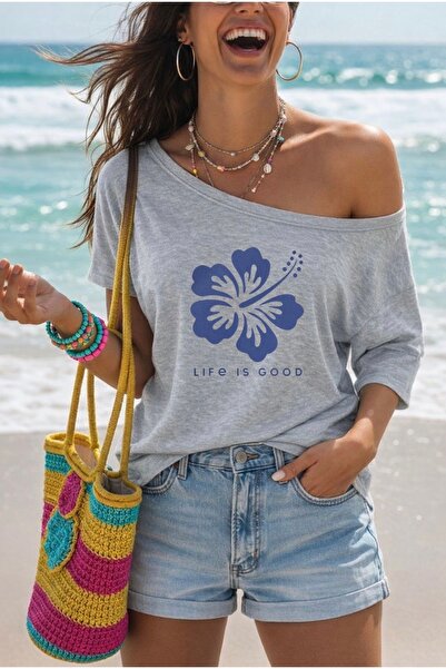 FUFLUNS Η ΖΩΗ ΕΙΝΑΙ ΚΑΛΗ CICEK ΜΕ ΣΤΑΜΠΑ ΓΥΝΑΙΚΕΙΟ T-SHIRT ΥΠΕΡΜΕΓΕΘΕΣ ΜΕ ΛΑΙ...