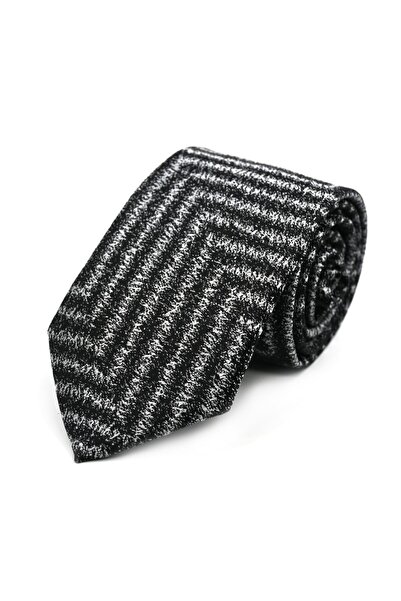 Sade Kravat Black White Gray Special Line Patterned Tie 33382 Gray