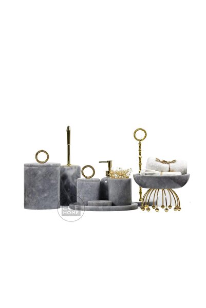 ege gross DEKORATİF DOĞAL GRİ MERMER 9 PARÇA GOLD BANYO SETİ RULO/KASE