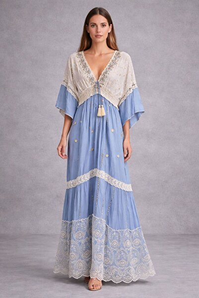 Generic Bohemian Style Maxi Dress with Short Sleeves and Lace