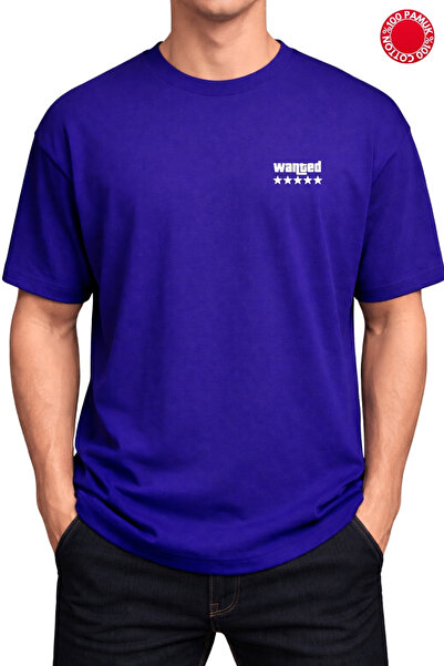 DUBU BUTİK Wanted Printed Saks Blue Oversized T-Shirt - 100% Cotton