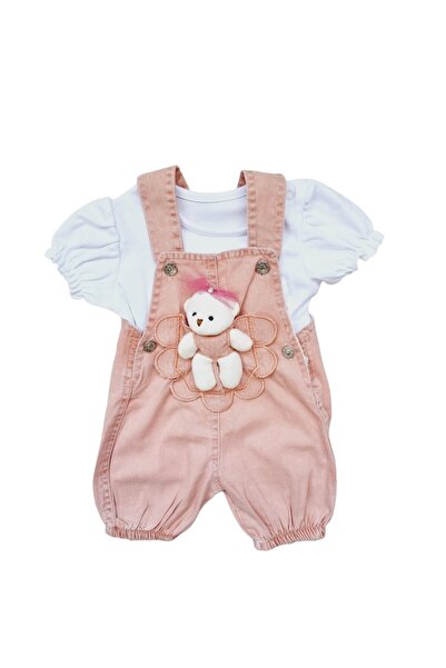 Miniworld Short jumpsuit with t-shirt for girls, teddy bear toy, Pink&White