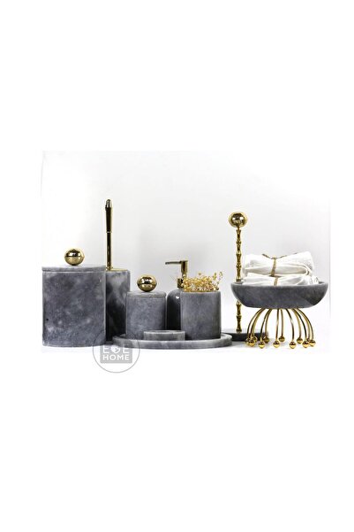 ege gross DEKORATİF DOĞAL GRİ MERMER 9 PARÇA GOLD BANYO SETİ RULO/KASE