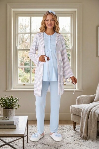 Lohusa Homewear New Season Blue Maternity Summer Shawl Collar Striped Bow Det...