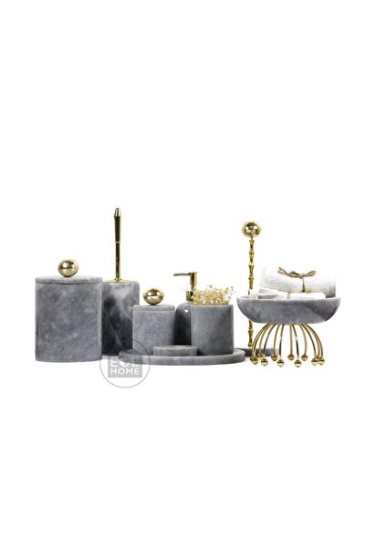 ege gross DEKORATİF DOĞAL GRİ MERMER 9 PARÇA GOLD BANYO SETİ RULO/KASE