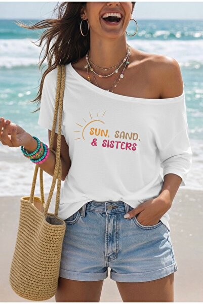 FUFLUNS تي شيرت نسائي ذو ياقة كايك مطبوع عليه SUN SAND SISTERS مقاس كبير