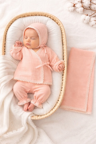 Pure Boutique Baby girl coral muslin set 4 pieces blouse, pants, hat and eleg...