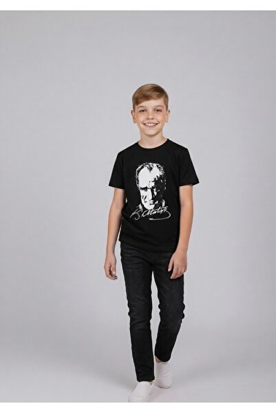 NACAR STORE Dečačka crna ATATURK majica sa printom i set crnih lanenih pantal...