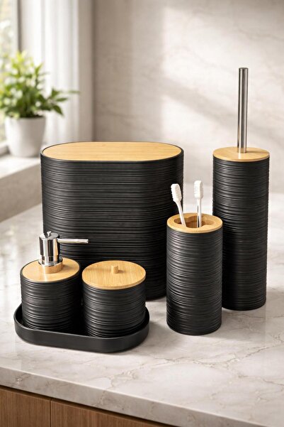 decovien Set de baie din acrilic din 6 piese, cu capac din bambus, design mod...