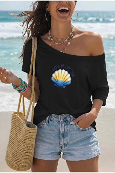 FUFLUNS Γυναικείο μπλουζάκι με στάμπα στρείδια, oversized, με λαιμόκοψη καγιάκ