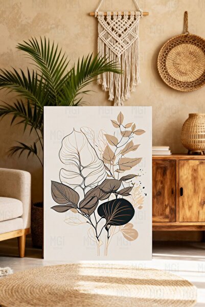 Mgi Design Tablou pe pânză cu frunze botanice, decor de perete modern bej