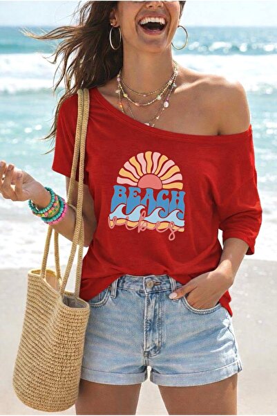 FUFLUNS ΓΥΝΑΙΚΕΙΟ T-SHIRT ΜΕ ΣΤΑΜΠΑ "BEACH VIBES " ΥΠΕΡΜΕΓΕΘΕΣ ΜΕ ΛΑΜΠΡΟ ΛΑΙΜΟ