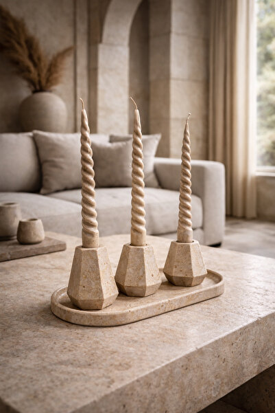 Lethe Design 7 Parça Set, Beton Şamdan Seti + Tepsi + Spiral Mum, Dekoratif M...