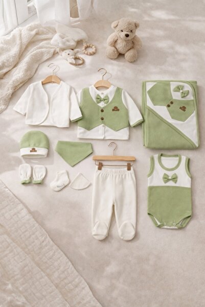 Pure Boutique Baby set 10 pieces elegant green bodysuit pants blanket hat pre...