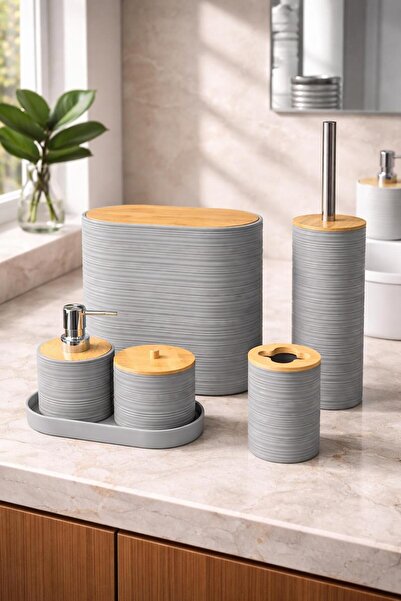 decovien طقم حمام أكريليك مكون من 6 قطع بتصميم عصري أنيق مع غطاء من الخيزران