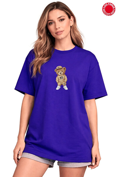 vbs vibes Nyc Bear Printed Saks Blue Oversized T-Shirt - 100% Cotton