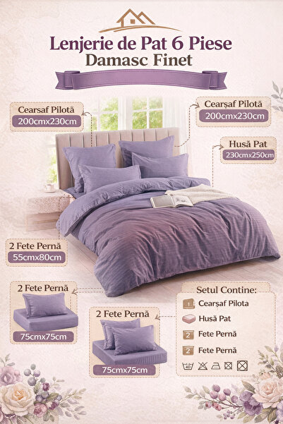 6-Piece Damask Bedding Set with Elastic, Casa Pucioasa, Fine Damask, Luxury Hotel, 4 Pillows miniatura 4