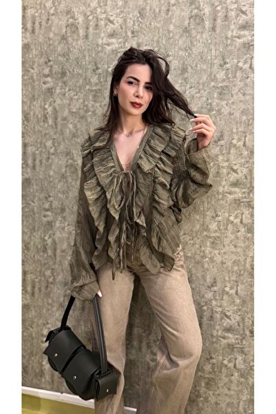 Leila Önden Bağlamalı Fırfırlı Gömlek