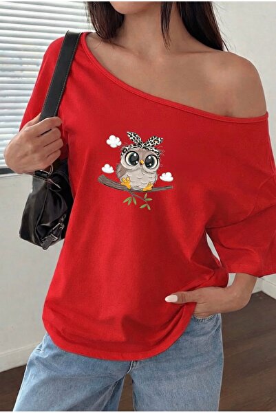FUFLUNS Γυναικείο μπλουζάκι με στάμπα κουκουβάγιας, oversized, με λαιμόκοψη κ...
