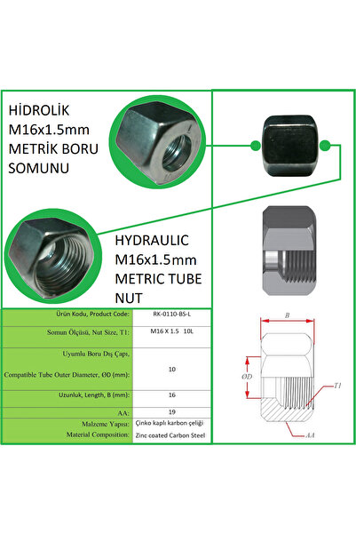 Rekorsan HİDROLİK M16X1.5 METRİK SOMUN 10mm BORU UYUMLU, HYDRAULIC M16X1.5 ME...