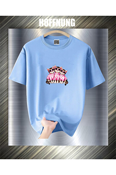 HOFFNUNG Tricou UNISEX cu mânecă scurtă, guler rotund, imprimat cu 3 pisici c...