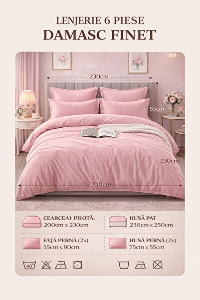 6-Piece Damask Bedding Set with Elastic, Casa Pucioasa, Fine Damask, Luxury Hotel, 4 Pillows miniatura 5