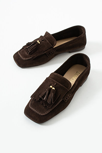 dericia shoes Glam Hakiki Deri Kahverengi Süet Günlük Rahat Kadın Loafer Ayak...