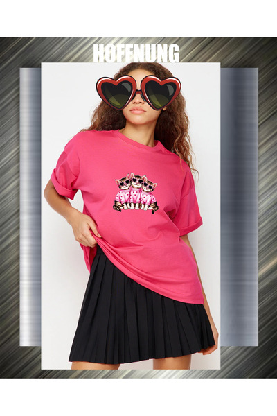 HOFFNUNG Tricou UNISEX cu mânecă scurtă, guler rotund, imprimat cu 3 pisici c...